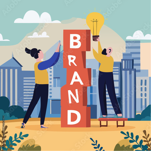 Build branding create brand awareness advertising, product or company value strategy, build reputation or identity for customer recognition concept, business people help building the word BRAN