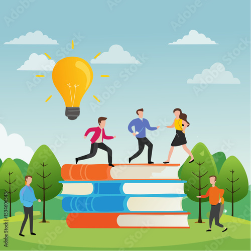 Knowledge or education to help business success, wisdom or learning to help employee achieve goal, training or education course concept, people running on growth book stack to achieve goa