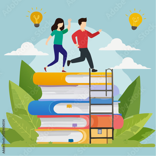 Knowledge or education to help business success, wisdom or learning to help employee achieve goal, training or education course concept, people running on growth book stack to achieve goa