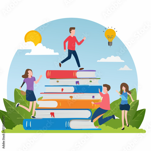 Knowledge or education to help business success, wisdom or learning to help employee achieve goal, training or education course concept, people running on growth book stack to achieve goa