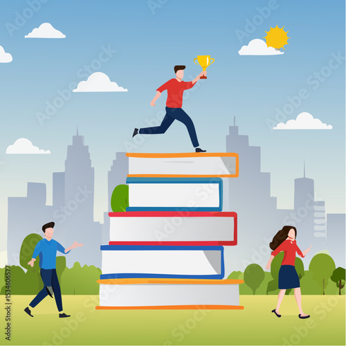 Knowledge or education to help business success, wisdom or learning to help employee achieve goal, training or education course concept, people running on growth book stack to achieve goa