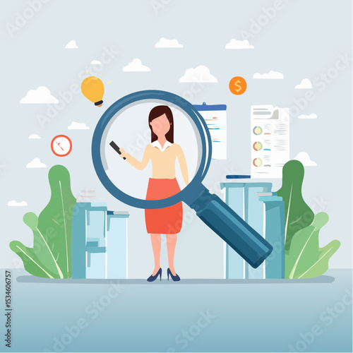 Recruitment finding candidate for job applicant, human resources HR analyze or scan candidate winner, search new people for job opportunity concept, HR recruiter magnifying glass analyze candidat
