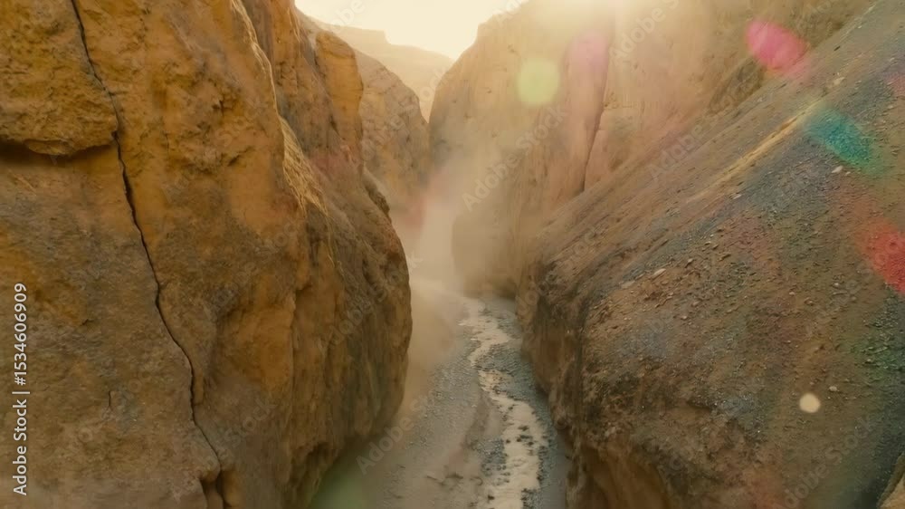Drone footage into sunlit narrow canyon with misty vapor and lens flare — cinematic golden-hour aerial passage