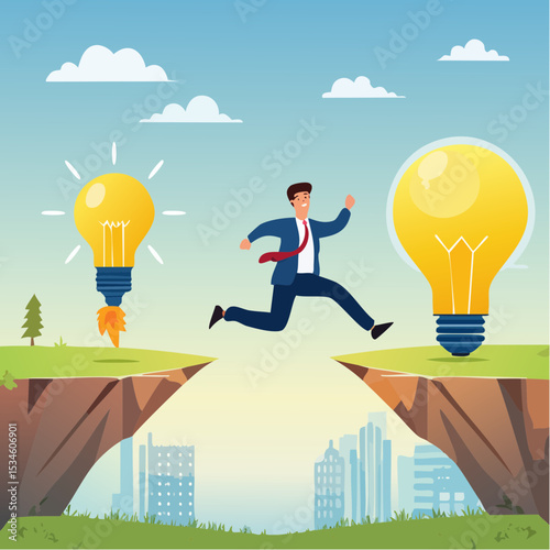 Business transformation, change management or transition to better innovative company, improvement and adaptation to new normal concept, smart businessman jump from old to new shiny lightbulb ide