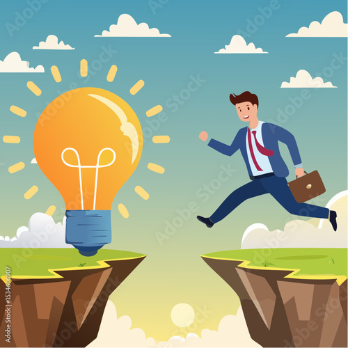 Business transformation, change management or transition to better innovative company, improvement and adaptation to new normal concept, smart businessman jump from old to new shiny lightbulb ide