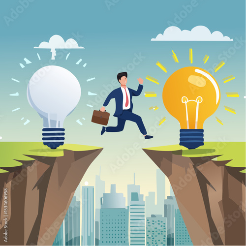 Business transformation, change management or transition to better innovative company, improvement and adaptation to new normal concept, smart businessman jump from old to new shiny lightbulb ide
