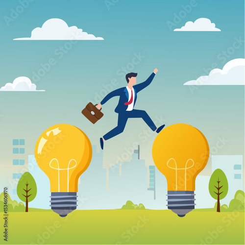 Business transformation, change management or transition to better innovative company, improvement and adaptation to new normal concept, smart businessman jump from old to new shiny lightbulb ide