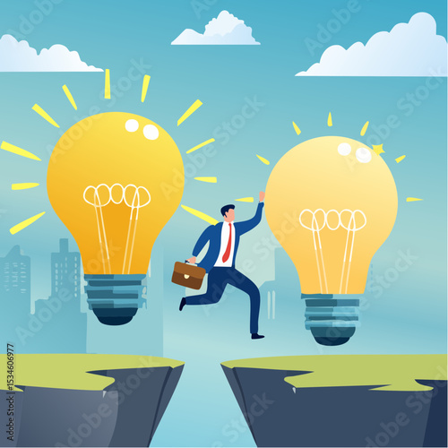 Business transformation, change management or transition to better innovative company, improvement and adaptation to new normal concept, smart businessman jump from old to new shiny lightbulb ide