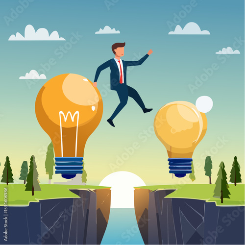 Business transformation, change management or transition to better innovative company, improvement and adaptation to new normal concept, smart businessman jump from old to new shiny lightbulb ide