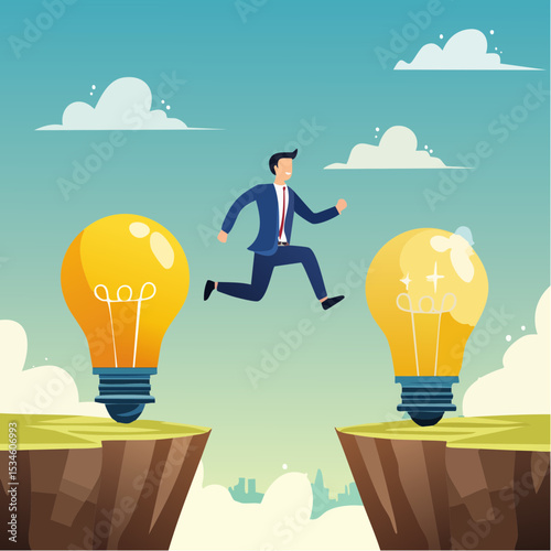 Business transformation, change management or transition to better innovative company, improvement and adaptation to new normal concept, smart businessman jump from old to new shiny lightbulb ide