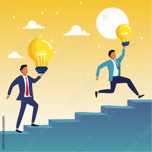 Business transformation, change management or transition to better innovative company, improvement and adaptation to new normal concept, smart businessman jump from old to new shiny lightbulb ide