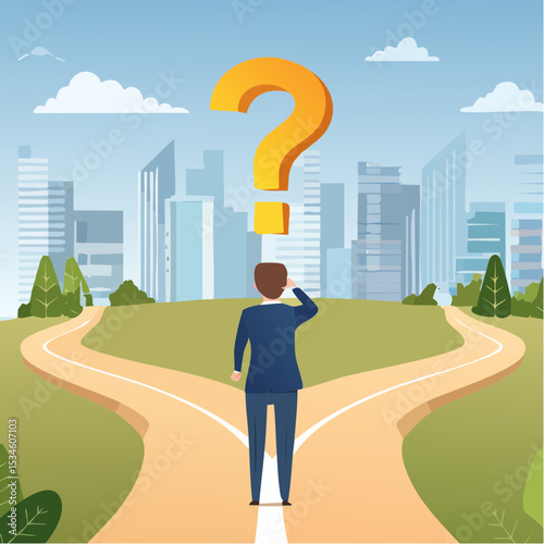 Doubt, unsure or uncertainty, decision to go right way, confusion, problem or choose direction, contemplation for career opportunity concept, business people think with question mark to go right wa