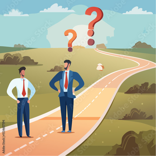 Doubt, unsure or uncertainty, decision to go right way, confusion, problem or choose direction, contemplation for career opportunity concept, business people think with question mark to go right wa