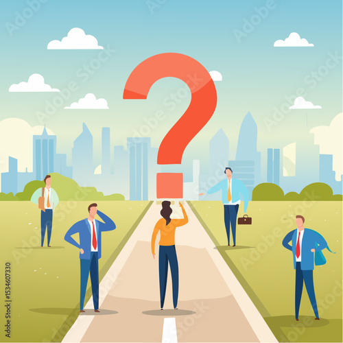 Doubt, unsure or uncertainty, decision to go right way, confusion, problem or choose direction, contemplation for career opportunity concept, business people think with question mark to go right wa