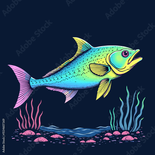 Dolphinfish Dorado Mahi-Mahi Fish Mascot – Vector Icon, Logo, Sticker Stock Illustration
