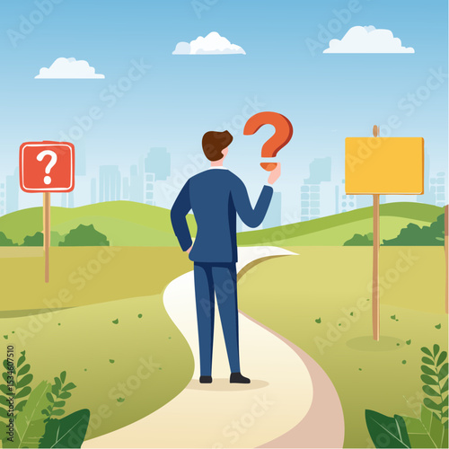Doubt, unsure or uncertainty, decision to go right way, confusion, problem or choose direction, contemplation for career opportunity concept, business people think with question mark to go right wa