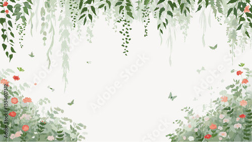 Botanical garden scene featuring hanging vines, flowers, and butterflies in a light, airy setting with soft colors
