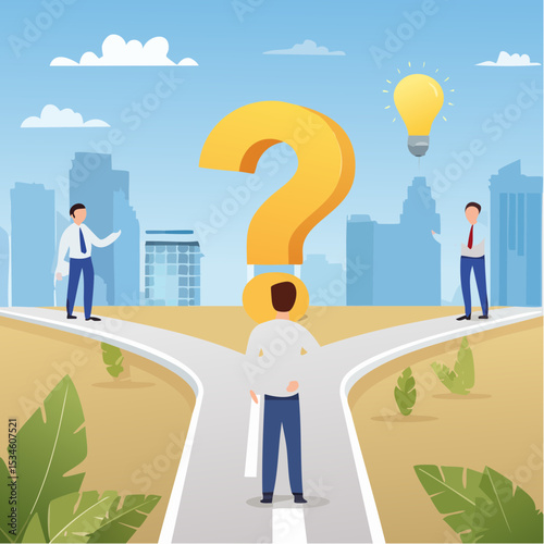 Doubt, unsure or uncertainty, decision to go right way, confusion, problem or choose direction, contemplation for career opportunity concept, business people think with question mark to go right wa