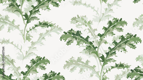 Seamless pattern of green leafy plants with jagged edges on a light background repeating design element
