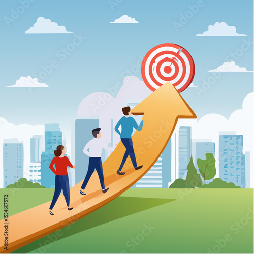 Team target or achievement, teamwork or leadership to lead to achieve goal, business direction or success, career path or growth concept, business people coworkers walking up arrow to reach targe