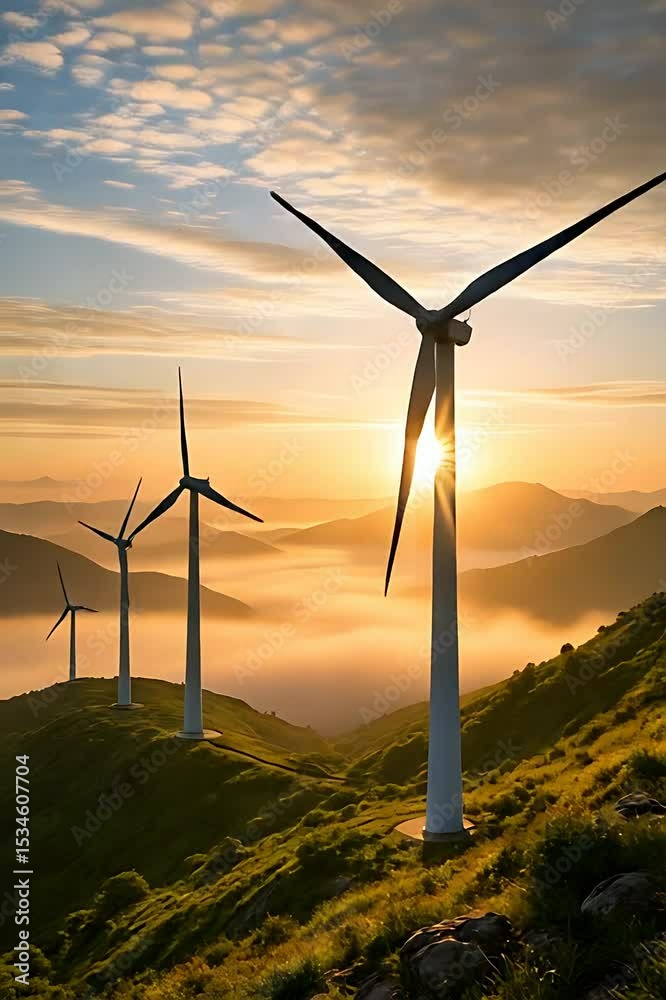 Wind turbine blades turn slowly on misty hills at golden sunset.