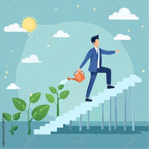 Growth step or career path, job improvement stair or growing investment or stair to success, mentorship concept, businessman watering seedling plant growing up as stair to climb to reach succes