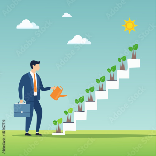 Growth step or career path, job improvement stair or growing investment or stair to success, mentorship concept, businessman watering seedling plant growing up as stair to climb to reach succes