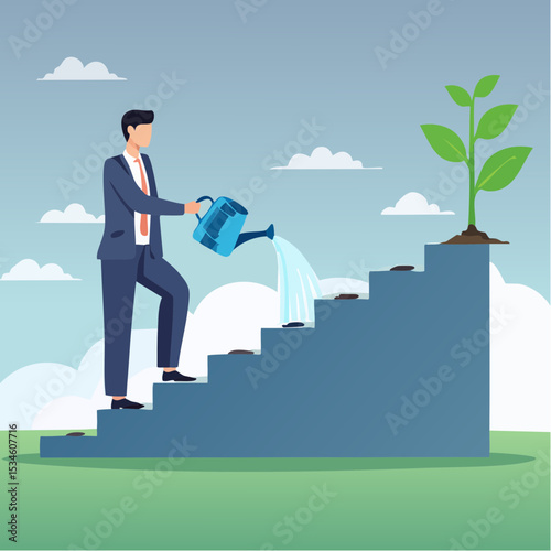 Growth step or career path, job improvement stair or growing investment or stair to success, mentorship concept, businessman watering seedling plant growing up as stair to climb to reach succes