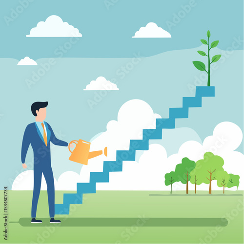 Growth step or career path, job improvement stair or growing investment or stair to success, mentorship concept, businessman watering seedling plant growing up as stair to climb to reach succes