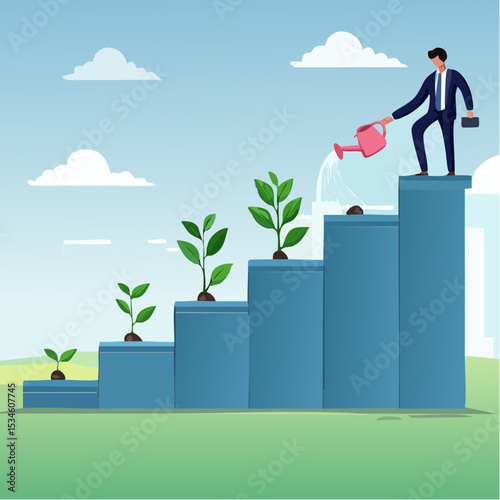 Growth step or career path, job improvement stair or growing investment or stair to success, mentorship concept, businessman watering seedling plant growing up as stair to climb to reach succes