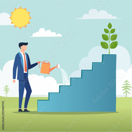 Growth step or career path, job improvement stair or growing investment or stair to success, mentorship concept, businessman watering seedling plant growing up as stair to climb to reach succes