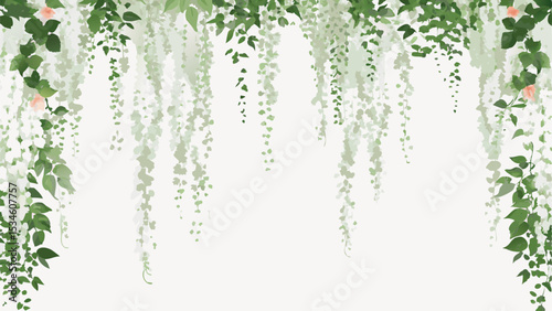 Cascading white wisteria and green foliage with pink flowers hanging from above on a light background
