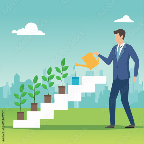 Growth step or career path, job improvement stair or growing investment or stair to success, mentorship concept, businessman watering seedling plant growing up as stair to climb to reach succes