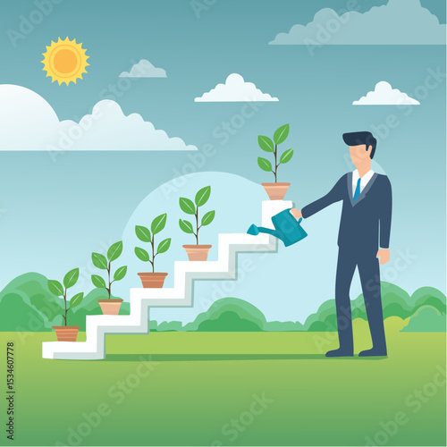 Growth step or career path, job improvement stair or growing investment or stair to success, mentorship concept, businessman watering seedling plant growing up as stair to climb to reach succes