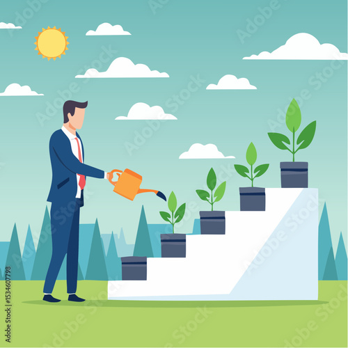 Growth step or career path, job improvement stair or growing investment or stair to success, mentorship concept, businessman watering seedling plant growing up as stair to climb to reach succes
