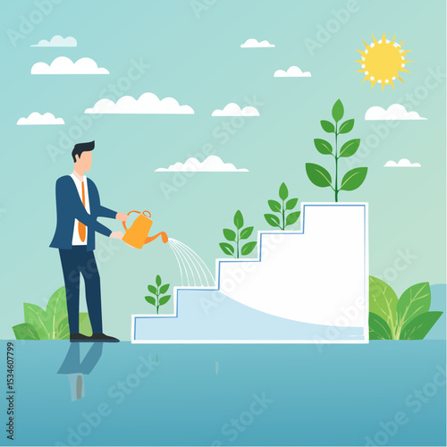 Growth step or career path, job improvement stair or growing investment or stair to success, mentorship concept, businessman watering seedling plant growing up as stair to climb to reach succes