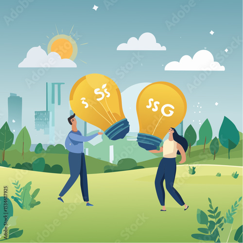 Sustainability, ESG, eco environment friendly or clean energy solution, green renewable power, reuse or recycle ecosystem, green corporate concept, people employees carry ESG, sustainable lightbul