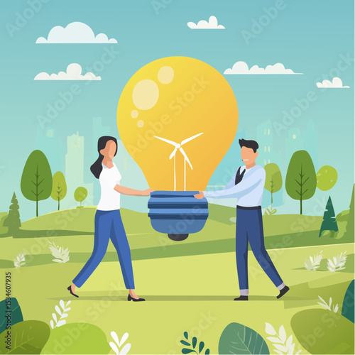 Sustainability, ESG, eco environment friendly or clean energy solution, green renewable power, reuse or recycle ecosystem, green corporate concept, people employees carry ESG, sustainable lightbul