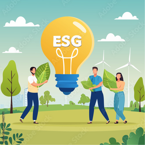Sustainability, ESG, eco environment friendly or clean energy solution, green renewable power, reuse or recycle ecosystem, green corporate concept, people employees carry ESG, sustainable lightbul