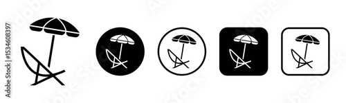 Beach chair icon set illustration. Deckchair with umbrella sign and symbol vector.