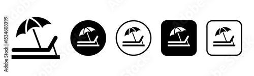 Beach chair icon set illustration. Deckchair with umbrella sign and symbol vector.