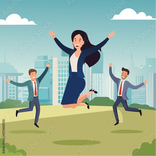 Employee engagement, work satisfaction or happiness, company commitment or employee appreciation, wellbeing or inclusive concept, happy business people employees jump with work engagement element