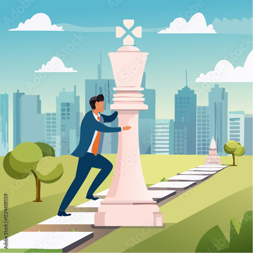 Strategic planning process, business or work progress achievement, journey, step to success, career development, timeline or winning solution concept, businessman move chess king step to achievemen
