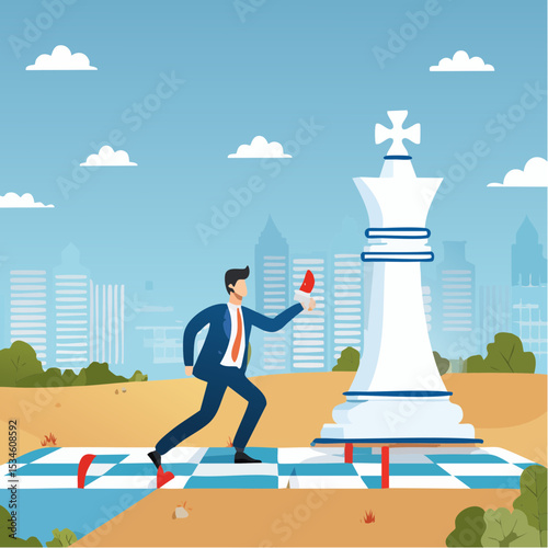 Strategic planning process, business or work progress achievement, journey, step to success, career development, timeline or winning solution concept, businessman move chess king step to achievemen