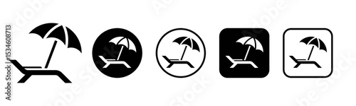 Beach chair icon set illustration. Deckchair with umbrella sign and symbol vector.