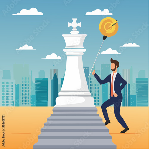 Strategic planning process, business or work progress achievement, journey, step to success, career development, timeline or winning solution concept, businessman move chess king step to achievemen