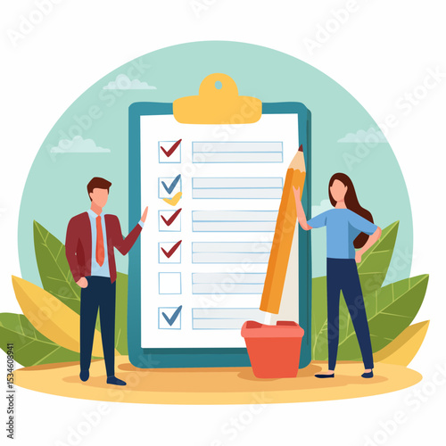 Task checklist, clipboard with to do list checkmark, task management to track work completion, accomplishment, survey or questionnaire concept, business people with pencil and checklist clipboar