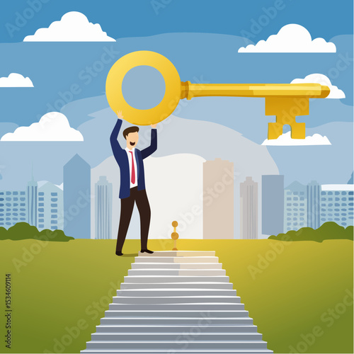 Golden key to unlock, solve business problem, professional to give solutions, success business key or unlock business accessibility concept, smart businessman holding golden key to unlock the pa