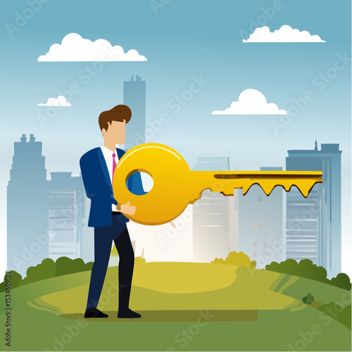 Golden key to unlock, solve business problem, professional to give solutions, success business key or unlock business accessibility concept, smart businessman holding golden key to unlock the pa