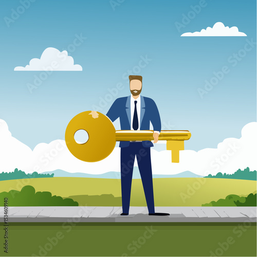 Golden key to unlock, solve business problem, professional to give solutions, success business key or unlock business accessibility concept, smart businessman holding golden key to unlock the pa